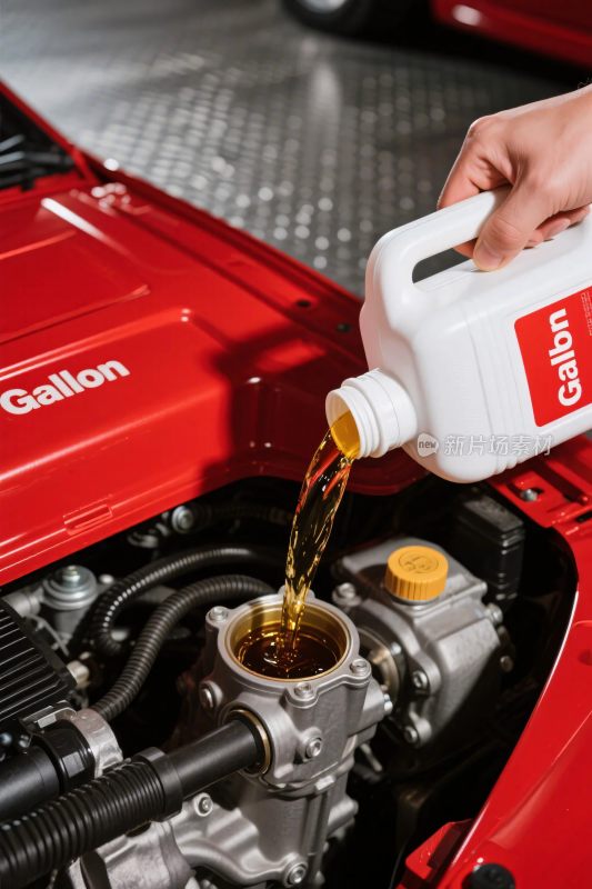 给红色汽车发动机加注机油