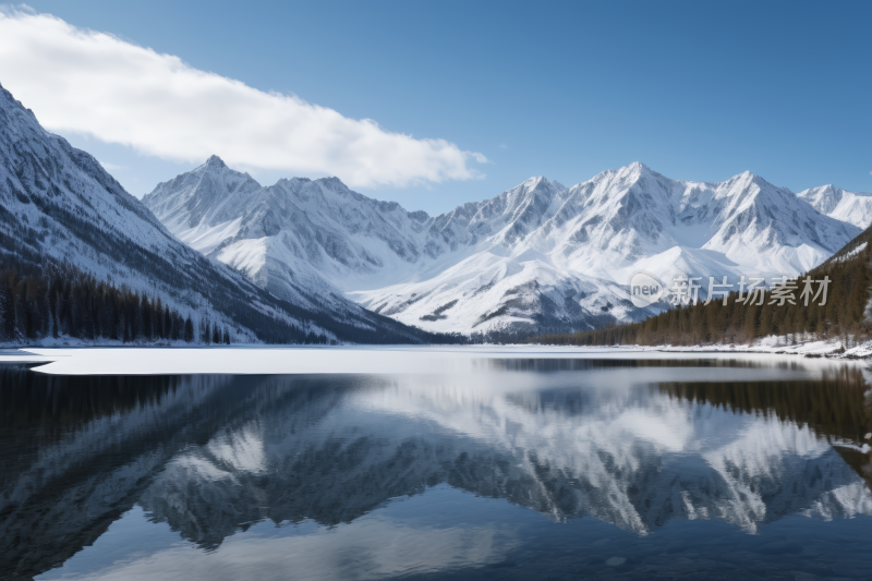 山倒映在雪中的湖水中风光风景图片