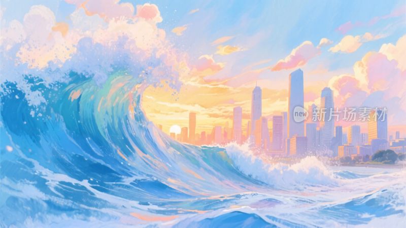 海浪与城市的梦幻景象