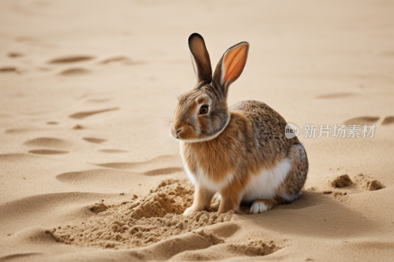 海滩上的沙滩上着一只兔子图片