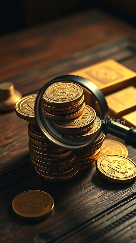 黄金比特币堆叠放大镜观察