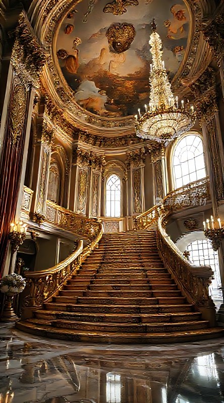 金色楼梯与华丽吊灯