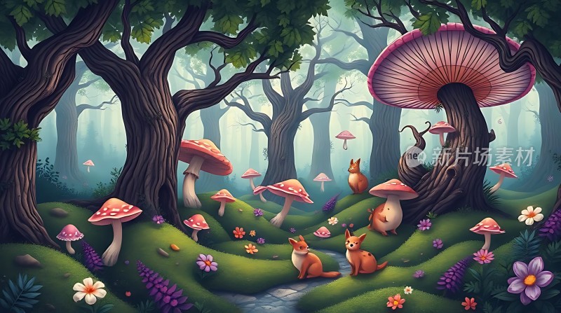 森林秘境狐狸与蘑菇的世界