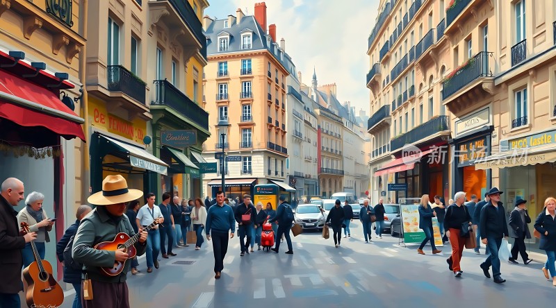 巴黎街头音乐家与繁华街景