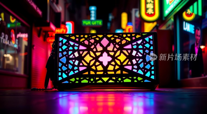 霓虹灯下的多彩手提包