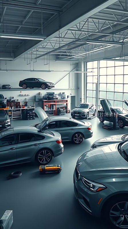 现代汽车维修车间高端轿车齐聚一堂专业技师忙碌其中展现精湛技艺与先进设备