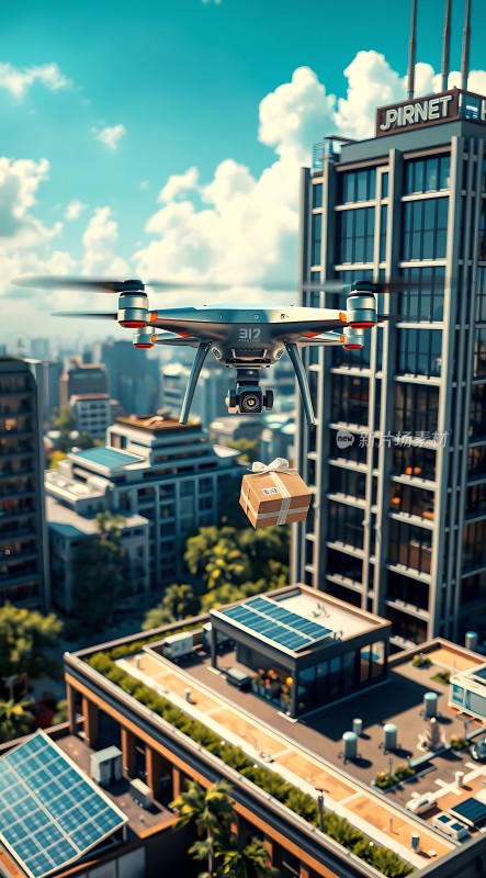 无人机配送包裹的城市风景图