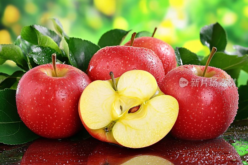 新鲜红苹果与绿叶特写