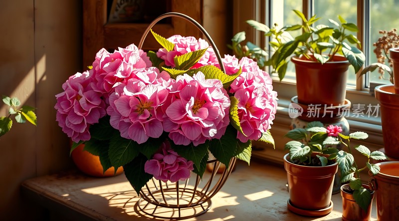 阳光下的粉色绣球花