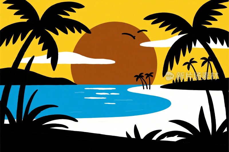 热带海滩日落插画