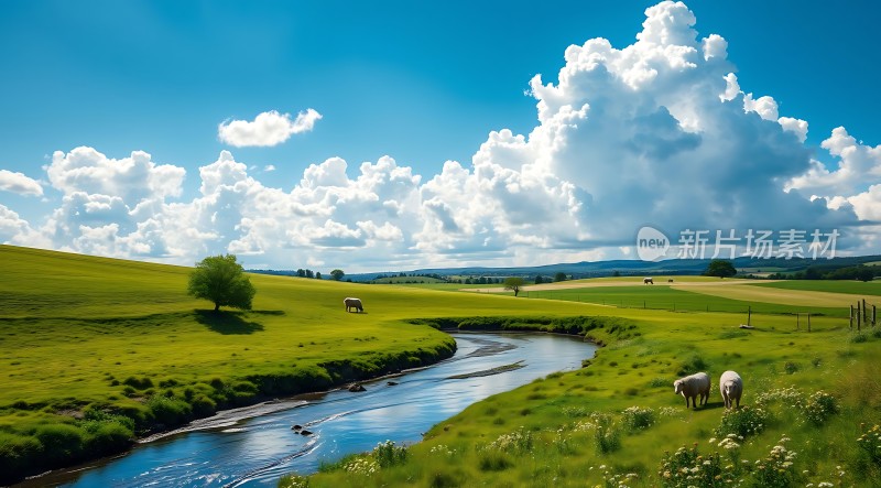 蓝天白云下的绿野牧歌