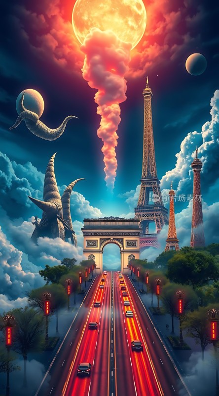 巴黎末日奇观埃菲尔铁塔与凯旋门前的核爆景象