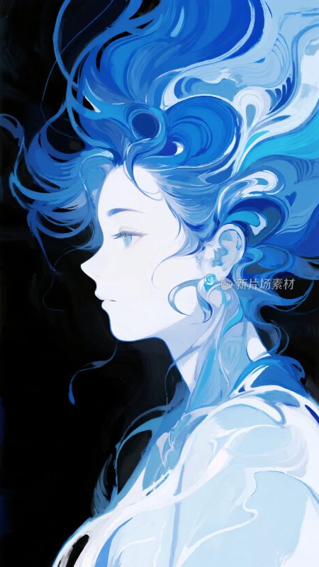 蓝发飘逸的梦幻少女侧影