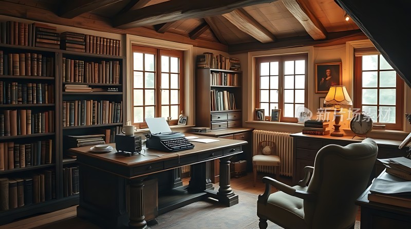 书房一角书架、桌椅与自然光相映成趣