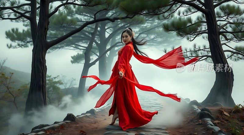 红衣佳人漫步雾林间