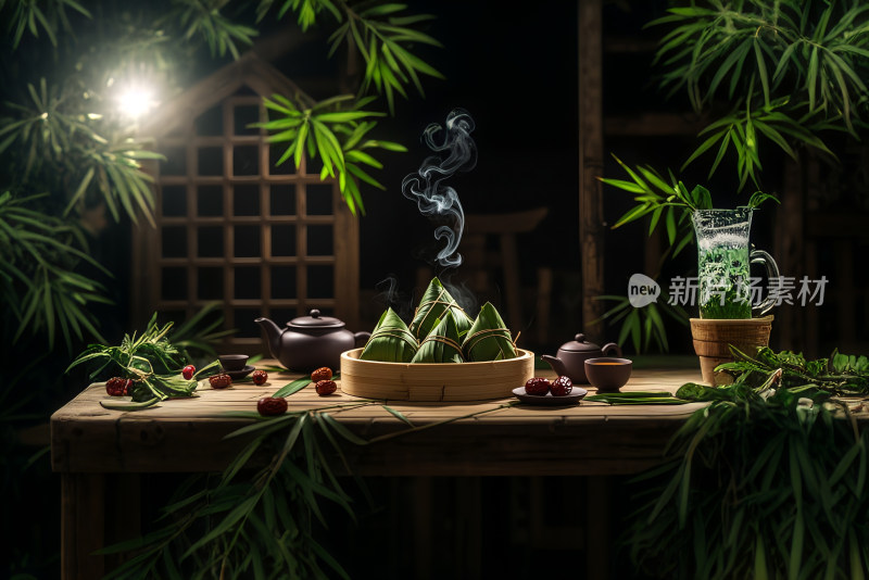 端午节粽子茶壶紫砂壶竹叶创意摄影