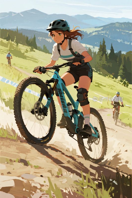女子山地骑行插画