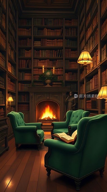 古色古香书房绿椅暖炉书架