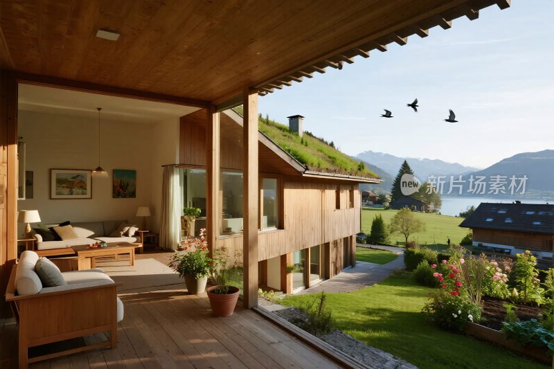 现代木屋湖景图