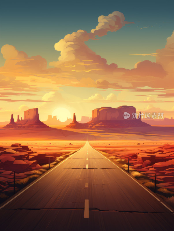 沙漠戈壁公路插画