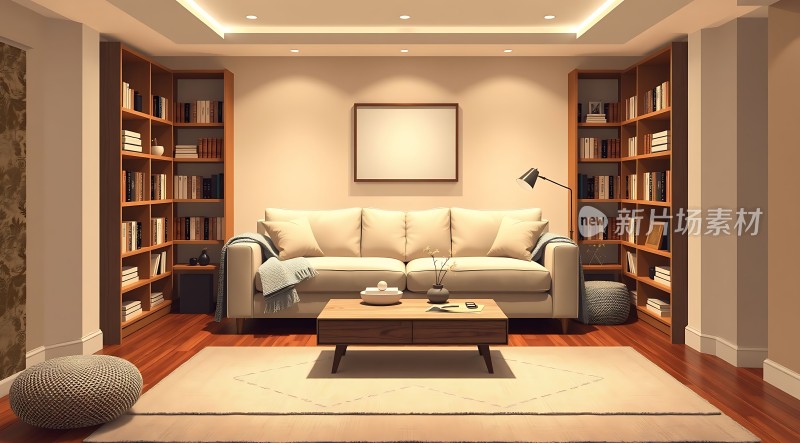 温馨客厅舒适沙发与书架营造宁静阅读空间