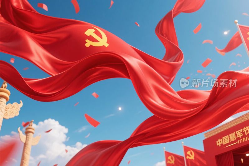 红旗飘扬带党徽插画