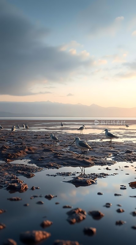 海鸥觅食日落时