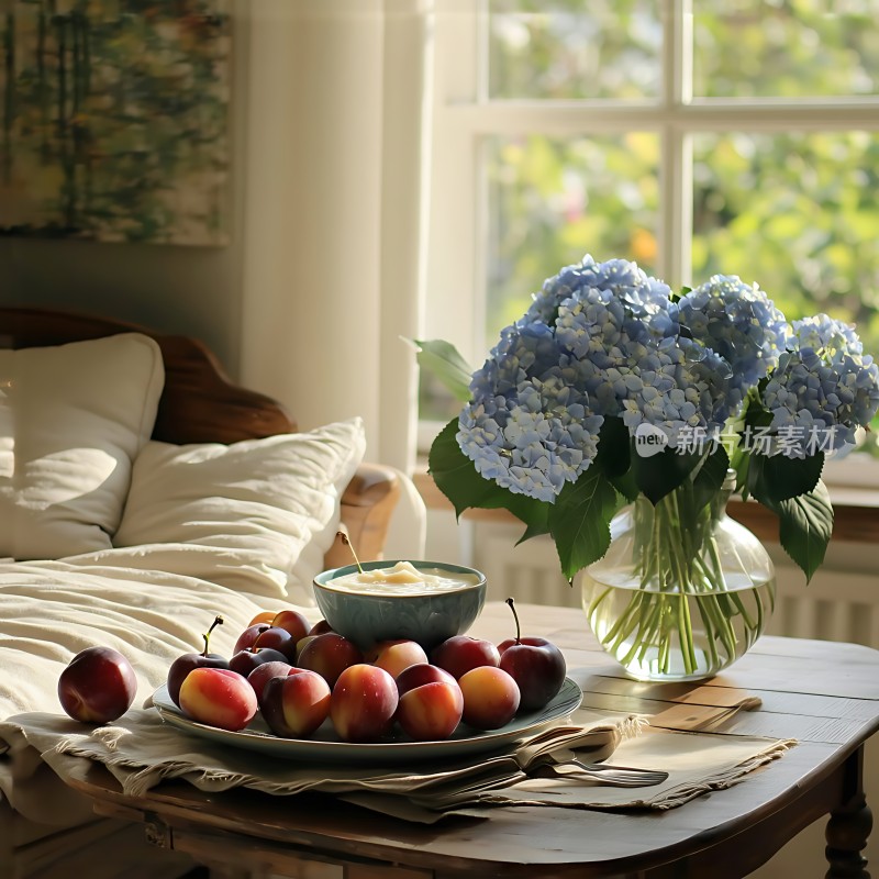 阳光下的蓝绣球花与水果盘