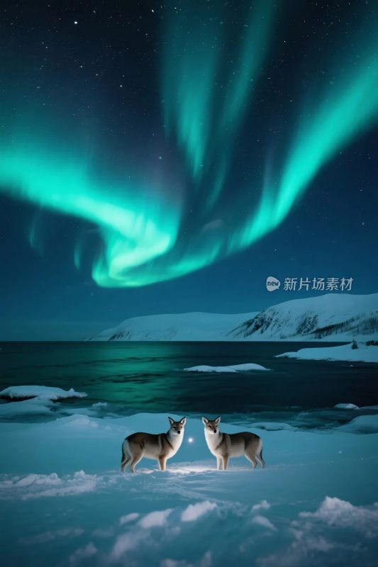 雪地狐狸与极光夜景