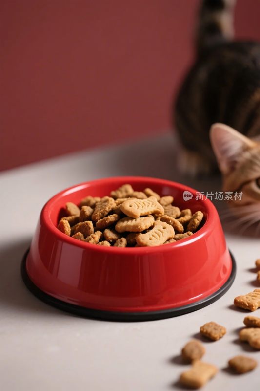 红色猫食碗与宠物猫