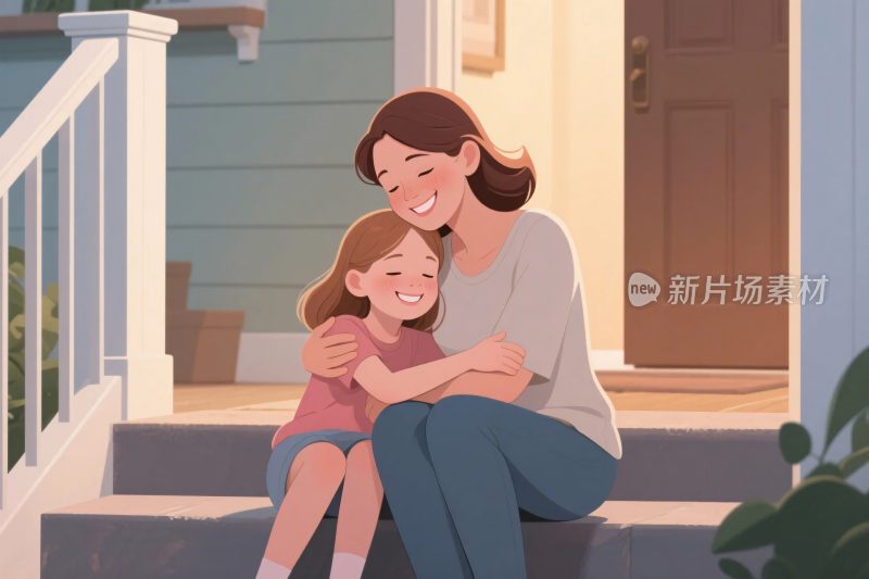 母女温馨互动插画