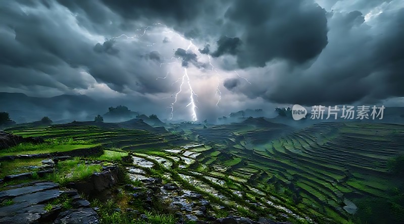 雷雨中的梯田风光