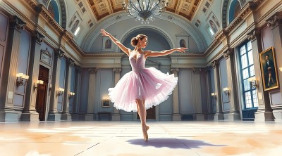 芭蕾舞者优雅旋转华丽大厅光影交错