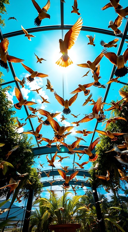 阳光下的鸟儿展翅飞翔