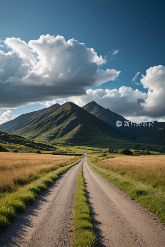 田野里的土路一座高山清风景图片