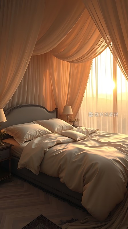 阳光洒满温馨卧室白色床铺与窗帘相映成趣