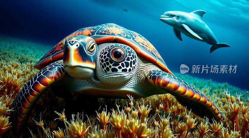 海豚与色彩斑斓的海龟共舞海底世界
