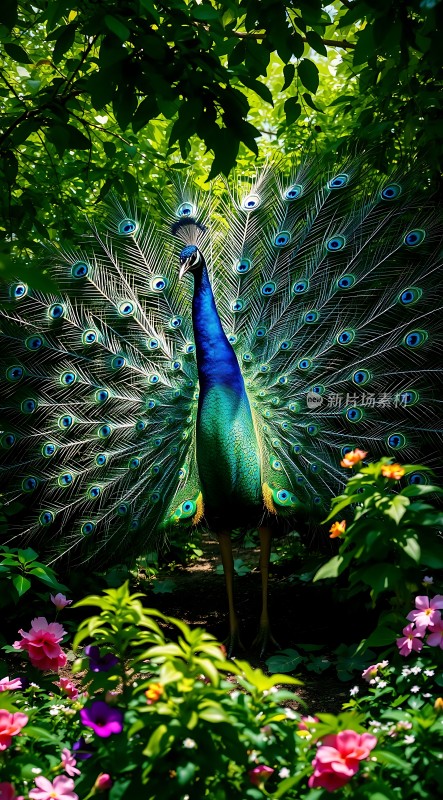孔雀开屏显华彩绿意盎然映花丛