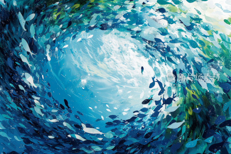蓝色水域中的鱼群漩涡