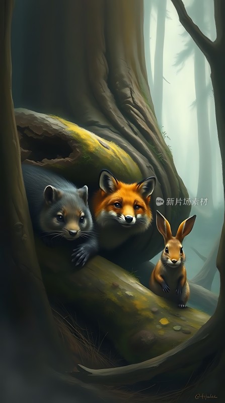 森林三侠客松鼠、狐狸与兔子共度神秘时光