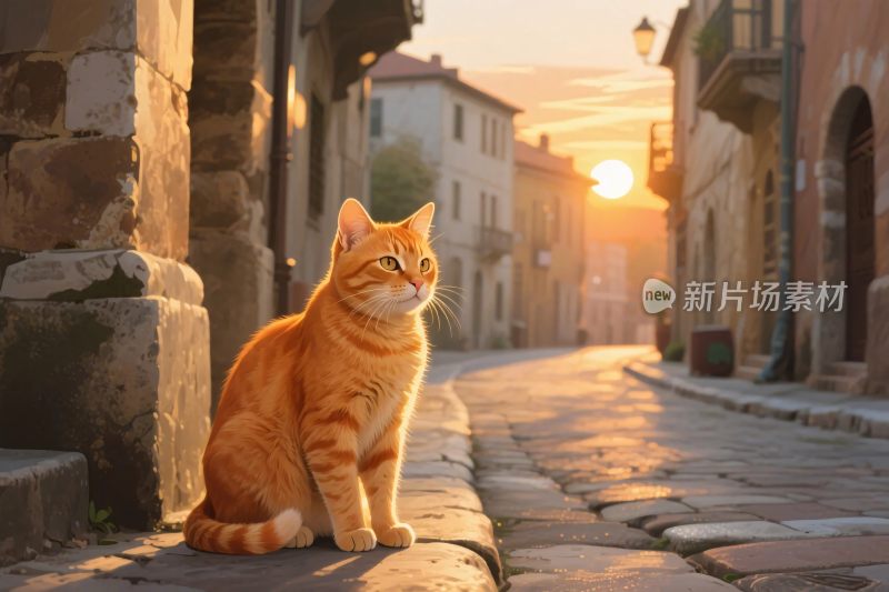 夕阳下橘猫在古巷