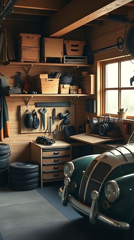复古车库里的经典小车与齐全的工具