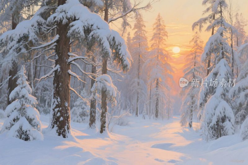 冬日雪林夕阳雪景