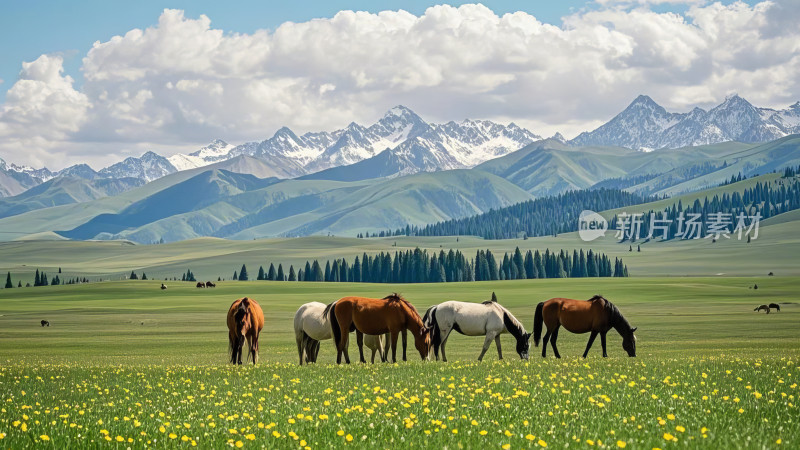 绿色草原上几匹骏马在吃草蒙古包远山背景