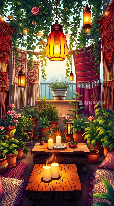 温馨露台绿意盎然灯光璀璨蜡烛摇曳