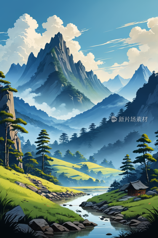 山景有溪流高清风景插图片