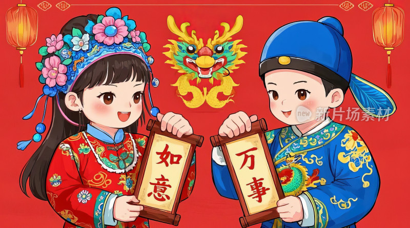 2024春节新年喜庆卡通娃娃中国风插画图