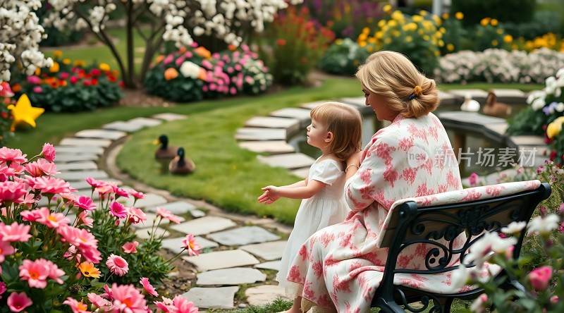 母女共赏花园美景