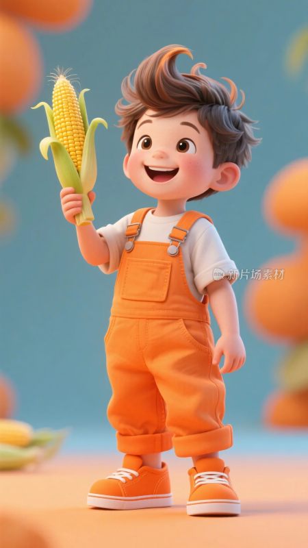 手持玉米的可爱卡通小男孩