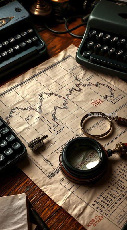 复古办公场景打字机、计算器与股票图表